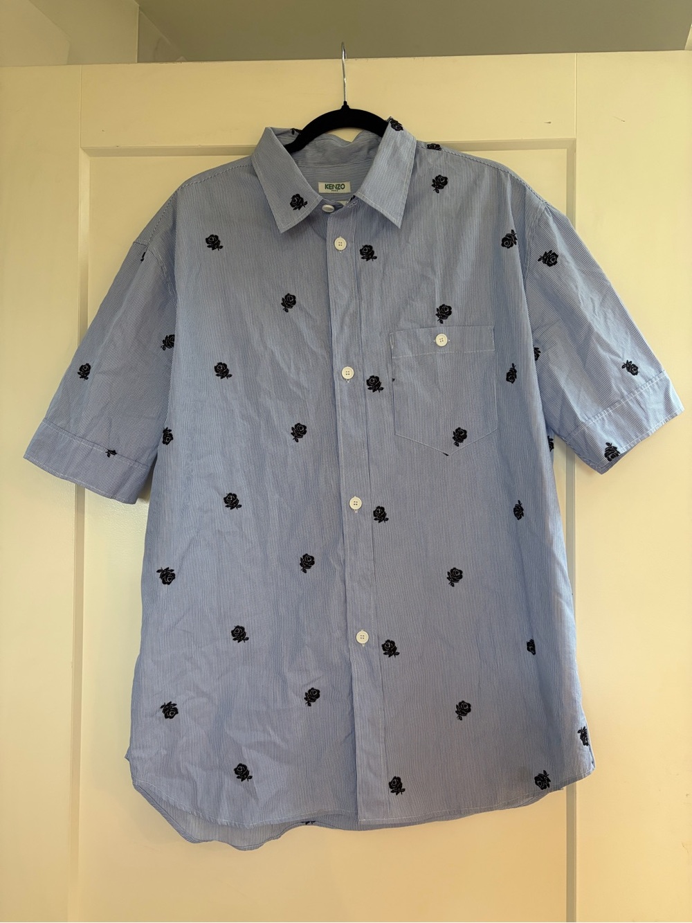 Kenzo Light Blue Short-Sleeve Button-Down Shirt with Black Rose Embroidery